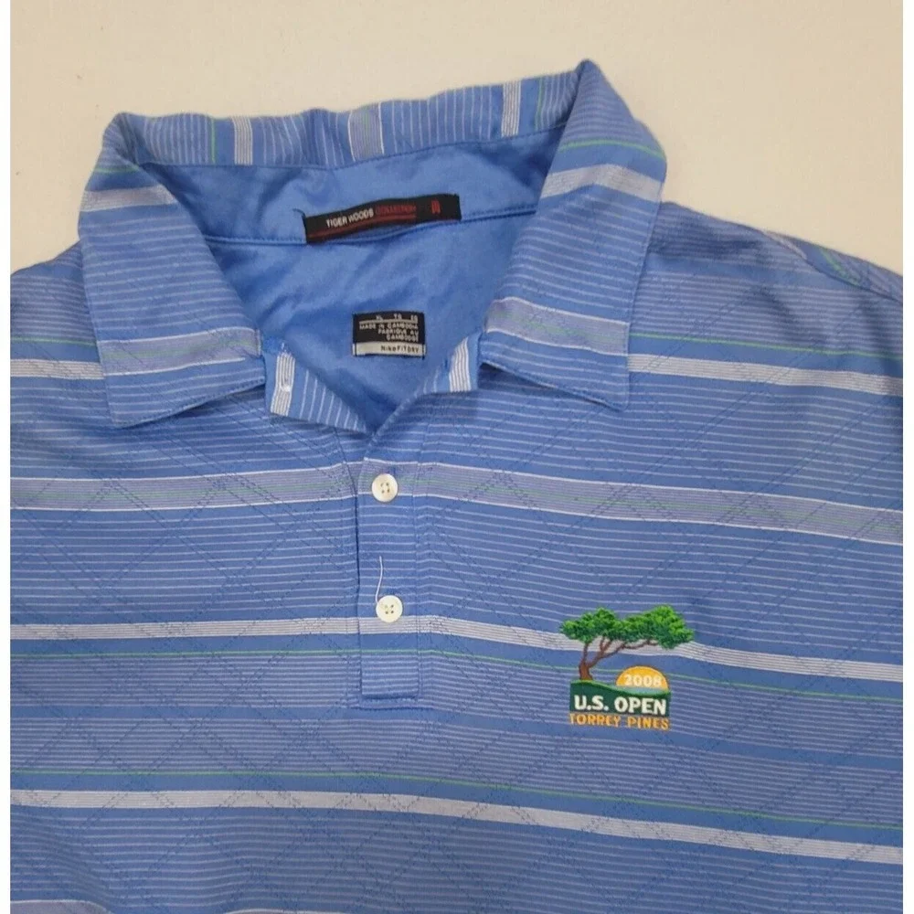 Nike Golf Tiger Woods Mens Polo Shirt XL Blue Striped Torey Pines‎ US Open
